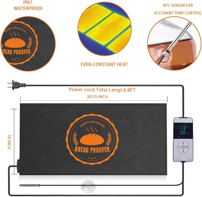 Sourdough Warming Mat Bread Proofer Heating Pad with Temperature & Timer Control Waterproof Dough Proofing Mat Warmer for Bread Dough Proofing Yogurt Fermentation