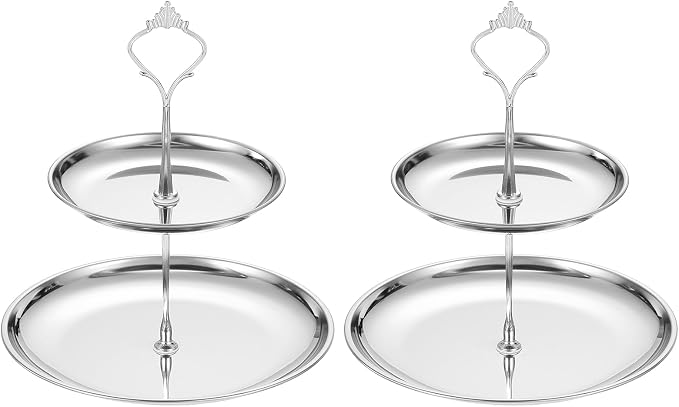 uxcell 2 Sets 2-Tier Cupcake Stand Holder, Round Tiered Serving Tray Stainless Steel Cup Cake Stand for Dessert Fruit Table Birthday Party Decoration Display, Silver