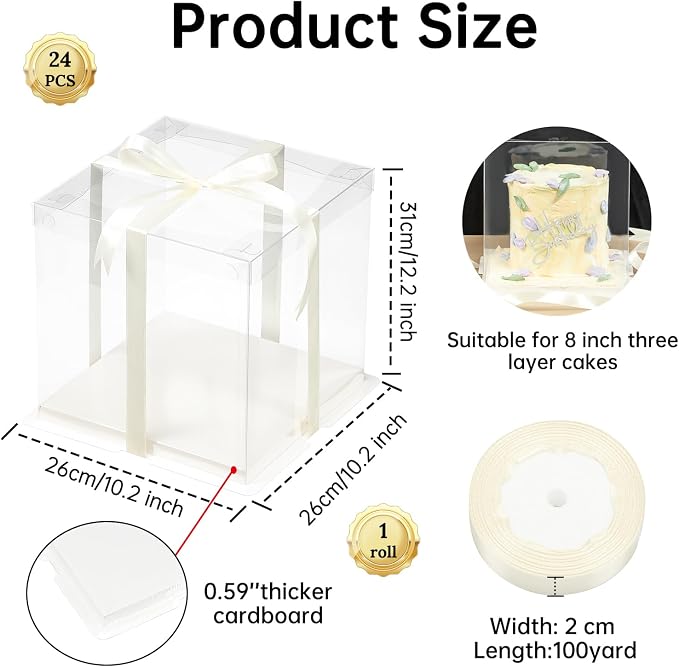 24 Pcs Clear Gift Box with Ribbon 3-Layer 10x10x12 Inch, Transparent Cake Carrier Box with Lids, PET Tall Cake Packaging Boxes, Clear Gift Boxes for Birthday,Wedding and Festival Party