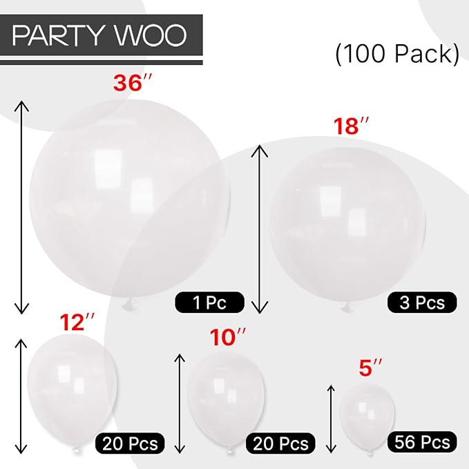 PartyWoo Clear Balloons 100pcs Different Sizes of 36 18 12 10 5 Inch Transparent Balloon Arch Kit for Graduation Wedding Baby Shower Bridal Shower Anniversary Birthday Party Decorations Clear-Y2
