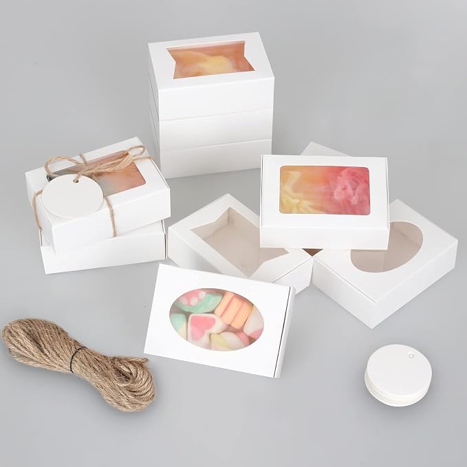 COTOPHER Soap Box, 100Pcs Small Soap Packaging Boxes 3.5x2.35x1.2 Inch Mini Kraft Boxes with Window Soap Boxes for Homemade Soap Candy Chocolate Bakery Cookies Soap Packaging