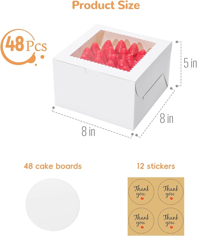 Small Cake Boxes 8 Inch with Window, 48 Set Bakery Boxes with Cake Boards & Stickers, Cupcake Box for Birthday, Party, Wedding, Mother's Day, Valentine's Day, Christmas（8x8x5 inch）