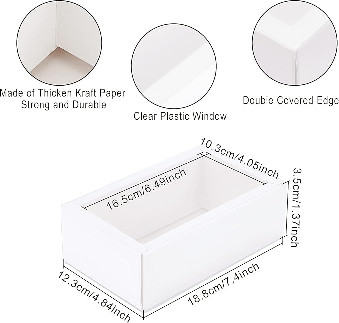 BENECREAT 12 Pack 7x5x1.5 Inch White Rectangle Drawer Kraft Boxes with PVC Plastic Window for Party Favor Treats, Candy and Jewelry Crafts