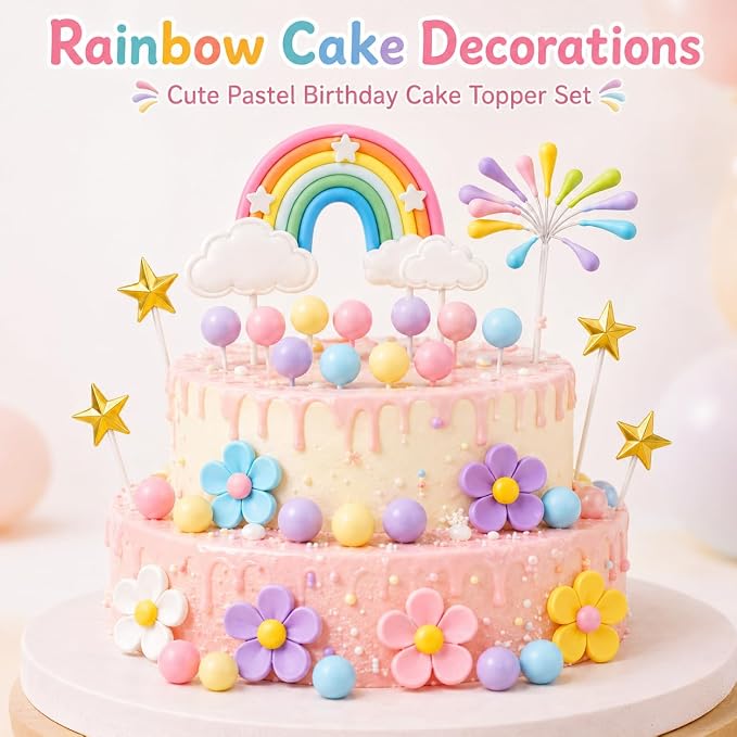 34Pcs Rainbow Cake Topper, Pastel Rainbow Cake Decorations with Daisy Flower Heads, Cloud, Gold Star, Firework & Ball Toppers for Birthday Cake Cupcake Party Decor