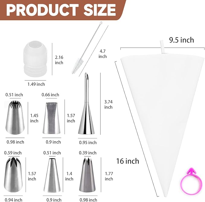 10-Piece Reusable Piping Bags and Tips Set, Cake Decorating Kit for Cakes, Cupcakes, Cookies, and Desserts, Includes 16 Inch Pastry Bags, 6 Frosting Tips, Couplers, Silicone Cable Ties, Cleaning Brush