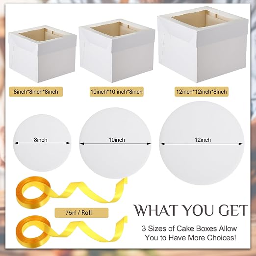 Teenyyou 48 Pcs Cake Boxes with Boards 24 Baking Boxes with Window 24 Cake Boards 2 Rolls Silk Ribbon Large Square Baking Storage in 3 Sizes 12x12x8, 10x10x8, 8x8x8 Inch Disposable Dessert Containers