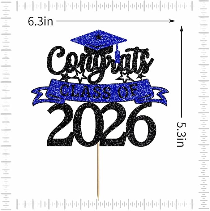 Glitter Class of 2026 Cake Topper，Congrats Grad Decorations， 2026 Happy Graduation High School/College/University Graduation Party Supplies Black and Dark Blue