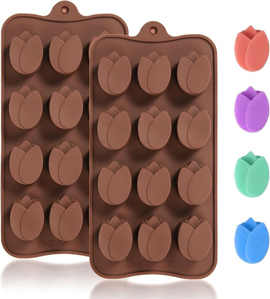 Mini Flower Chocolate Molds, 2 Pcs Silicone Molds with Tulip Shapes for Making Chocolate/Candy/Gummy/Jelly, Food Grade Candy Mold with 12 Cavities Mini Tulips for Fruit Snacks