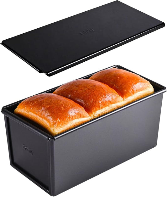 Commercial Pullman Loaf Pan with Lid, 1Lb Dough Capacity Non-stick Rectangle Flat Toast Box for Oven Baking 8.3" x 4.8" x 4.3"(Black)