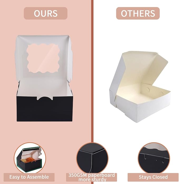 6x6x3 Inches Small Cake Box with Window, Bakery Box, Pastry Boxes, Cookie Boxes, Mini Pie Box for Pastry,Dessert,Strawberries,Chocolates, Cupcakes with paper stickers (Black/36pcs)
