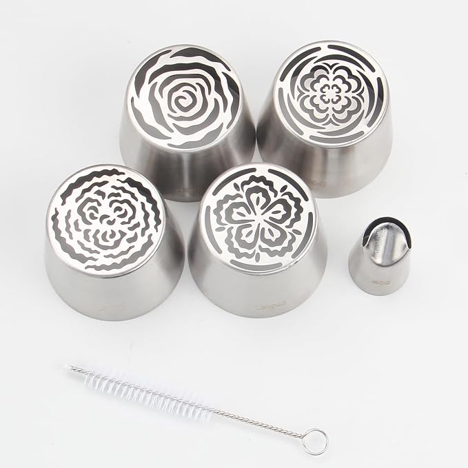 4pack Russian Piping Flower Nozzles Extra Large, Stainless Steel Rose Floral Piping Nozzles for Cake Decorating Icing, Cream Flower Bouquet DIY Cookies, Desserts Baking Tools (XXL, 4A）