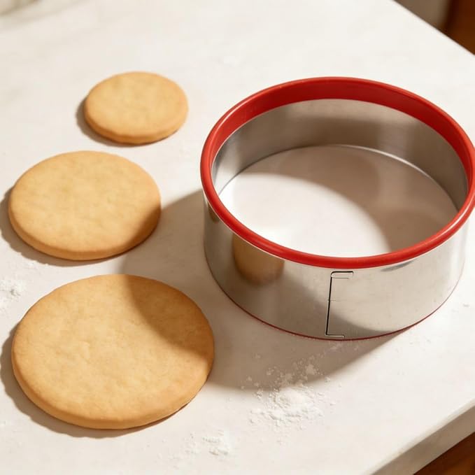 3-Piece Round Cookie Cutter Set – 3″, 4″, 5″ Stainless Steel Circle Biscuit Cutters with Red PVC Soft Edges – Durable Multi-Purpose Baking Tool