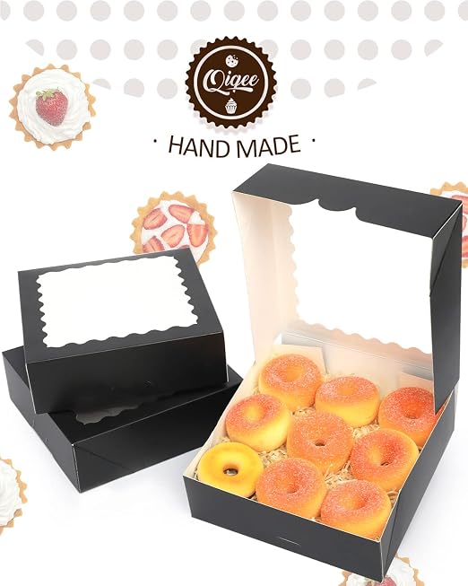 qiqee Auto-pop up Black Bakery Boxes 50 Packs Pastry Box 8x8x2.5 inch Pie Boxes With Window