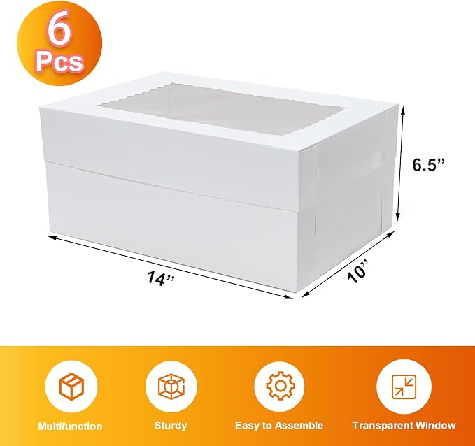 Wowxyz 6pcs 14x10x6.5 Cake Boxes Rectangle Quarter Sheet 1/4 Sheet Bakery Boxes with Window - Donuts, Pastry Baking Cake, Pie White Cardboard Treat Packaging