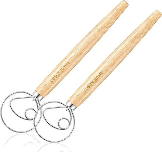 Pack of 2 Danish Dough Whisk, 13.5 Inch Stainless Steel Dough Blender for Sourdough Bread & Pastry, Wooden Handle Baking Mixing Tool for Batter, Pancake, Pizza – Easy to Clean