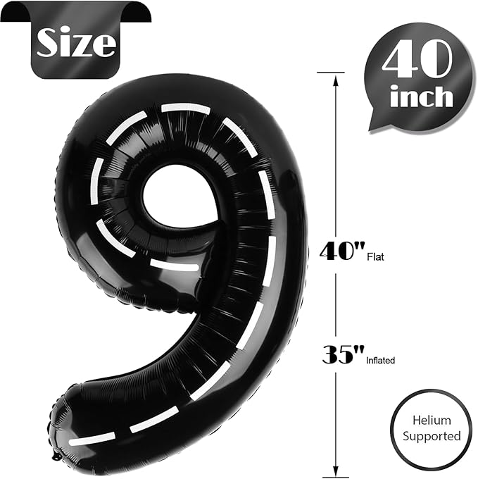 Race Car 9 Balloon, Number Balloons 40 Inch, 9th Black Giant Birthday Decorations for Boys, 19th 29th Party Decorations Supplies, Number 9 Balloon