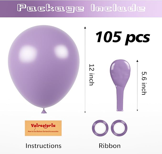 Voircoloria 105pcs Lilac Purple Balloons 12inch Party Latex Balloons for Birthday Graduation Baby Shower Anniversary New Year Holiday Party Decorations