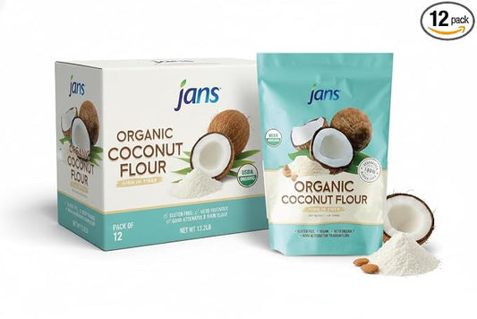 Jans Organic Coconut Flour (1.1 lb, Pack of 12) Certified Organic, Gluten-Free, Keto, Paleo, Vegan Friendly, Multi Purpose Flour Alternative, High Fiber