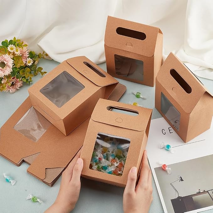 PH PandaHall 12pcs Treat Gift Boxes Kraft Paper Boxes Dessert Bakery Boxes with Display Window Packing Box for Valentine Mother's Day Easter Birthday Party 3.1x5.2x5 inch (Pack of 2)