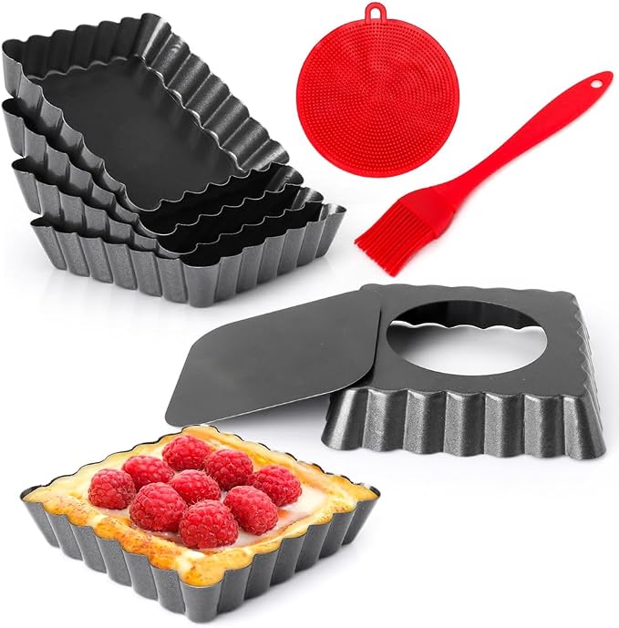 Mini Tart Pans Square 4 Inch 6Pcs with Removable Bottom, Nonstick Quiche Pan Mini Pie Pans with Oil Brush&Silicone Scrubber, Tart Pan with Fluted Side, Quiche Bakeware for Oven