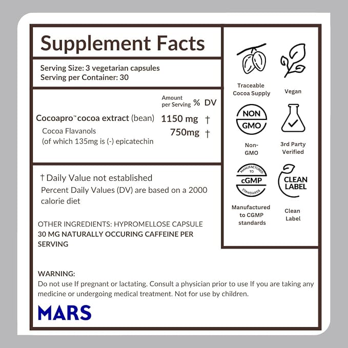 CocoaVia Ultra 750mg Cocoa Flavanols – Heart & Brain Support, Memory & Blood Circulation Booster, High Flavanol Cocoa for Nitric Oxide, Energy & Oxygen Boost, Vegan, Gluten-Free, 30-Day Supply
