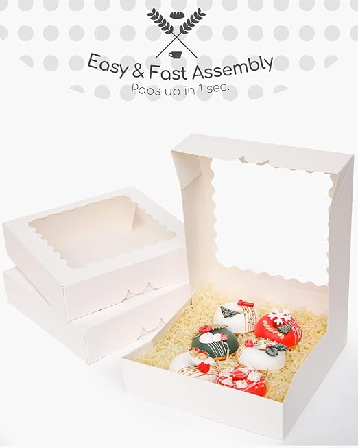 qiqee 10"x 10"x 2.5" White Pie Boxes with Window 50Packs Cookie Donut Bakery Box (Auto-pop Up)