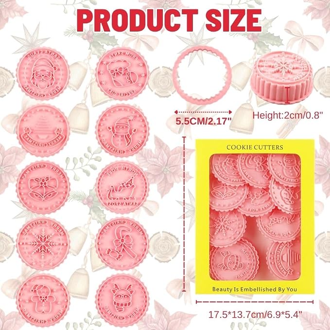 Christmas Cookie Stamps, 10-Piece 3D Press Cutter Set | Reindeer, gingerbread man, snowman, bell, stocking, candy cane and sleigh designs for holiday baking