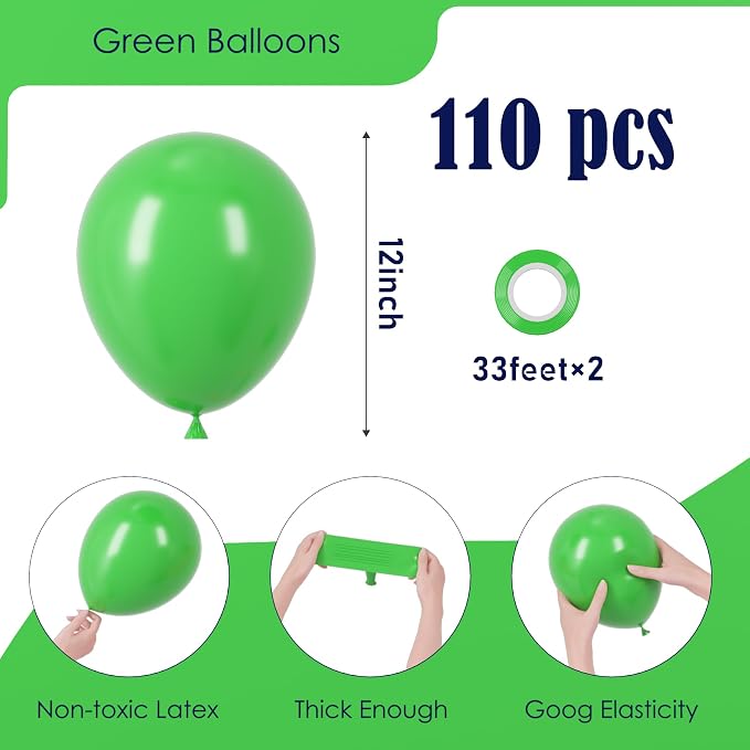 Voircoloria 110pcs Green Balloons 12inch Green Latex Party Balloons for Graduation, Wedding, Birthday, Christmas, Baby Shower, Anniversary Party Decorations