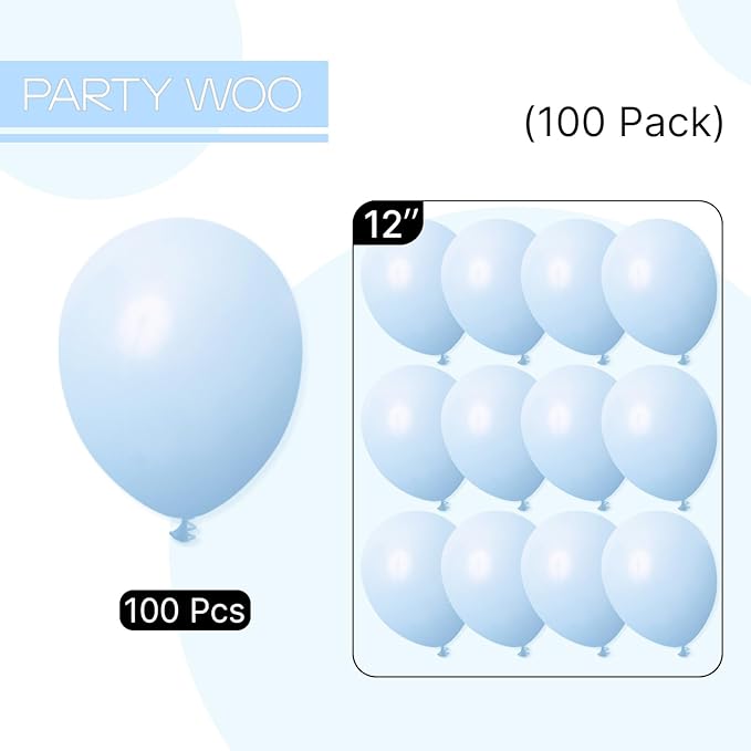 PartyWoo Baby Blue Balloons 100pcs 12 Inch Light Pastel Sky Aqua Blue Balloons for Graduation Baby Shower Gender Reveal Weddings Easter Birthday Bachelorette Anniversary Party Decorations Blue-Q13