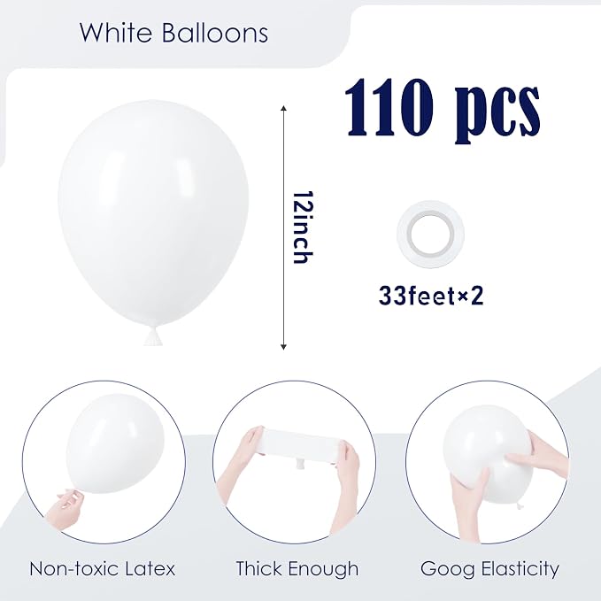 Voircoloria 110pcs White Balloons 12inch Matte White Latex Party Balloons for Wedding, Birthday, Graduation, Bridal Shower, Baby Shower, Bachelorette and Engagement Decorations