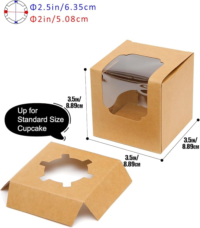 Bakepacker Auto-pop up Cupcake Boxes 200-Packs Brown 3.5" x 3.5" x 3.5", for Cake, Treat Cookie Dessert, Pastry, Birthday Party, Weddings