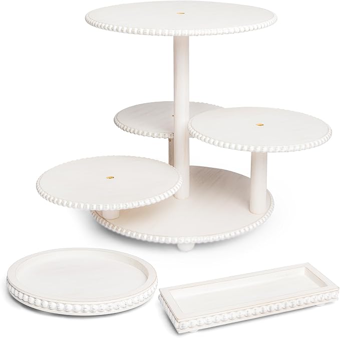 GENMOUS Wood Cake Stands Set of 3, 4 Tier Serving Tray Cupcake Stand, Beaded Rustic Dessert Tower, Round Rectangular Dessert Trays Platters for for Wedding Baby Shower Tea Party (White)
