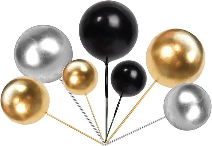 24 PCS Balls Cake Toppers Ball Cake Picks Ball Shaped Cupcake Toppers Foam Balls Cake Topper Insert Mini Balloons Cake Decorations for Wedding Baby Shower Birthday Party Supplies Black Gold Silver