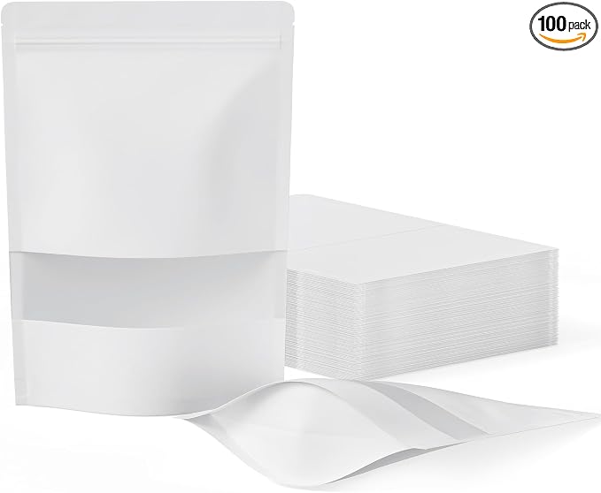 FireKylin 100 Pcs Resealable Bags, Paper Stand Up Pouches Bags with Matte Window for Small Businness, Zipper & Heat Sealable Treat Bags for Packaging(Inner Size 6.1" x 6.5"; Outer Size 6.7" x 9.4")
