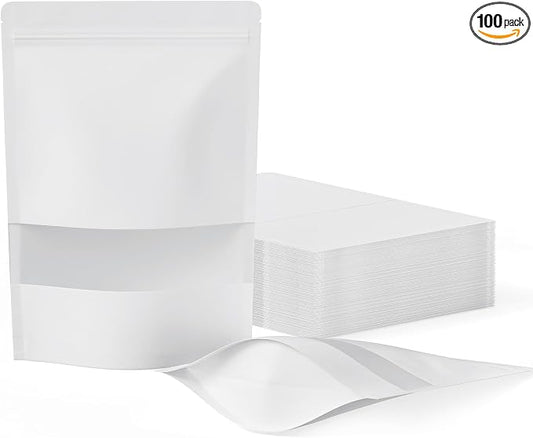 FireKylin 100 Pcs Resealable Bags, Paper Stand Up Pouches Bags with Matte Window for Small Businness, Zipper & Heat Sealable Treat Bags for Packaging(Inner Size 6.1" x 6.5"; Outer Size 6.7" x 9.4")