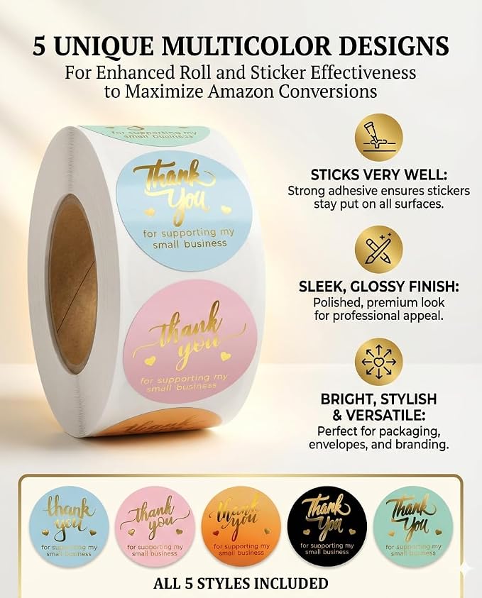 800 Thank You for Supporting My Small Business Stickers – 1.5" Round Labels (5 Designs, Multicolor) for Small Business, Packaging, and Bakery – Self-Adhesive Waterproof Thank You Sticker Roll