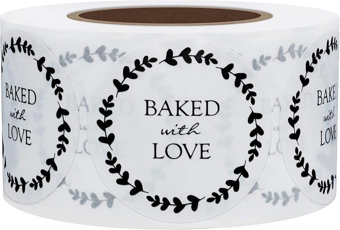 Hybsk Baked with Love Stickers with Wreath Around 1.5 Inch Round Total 500 Adhesive Labels Per Roll (Glossy Paper)