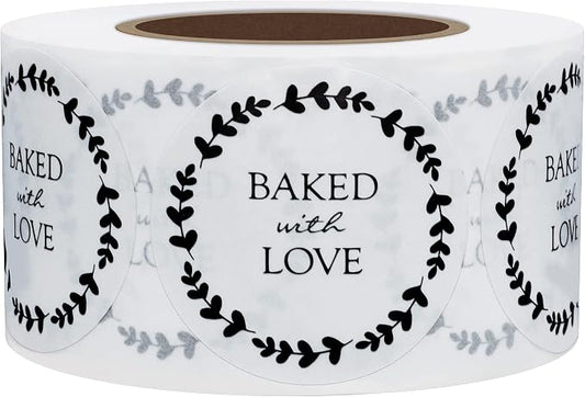 Hybsk Baked with Love Stickers with Wreath Around 1.5 Inch Round Total 500 Adhesive Labels Per Roll (Glossy Paper)
