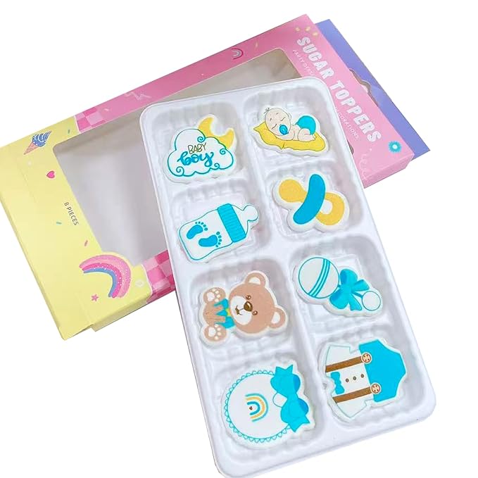 8 PCS Edible Blue Baby Boy Icing Cake Decoration Baby Showers Themed Candy Sprinkle Cupcake Topper Ice Cream Cookies Frosting Decoration