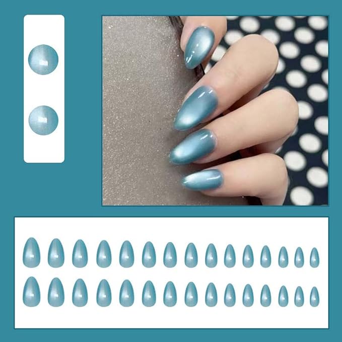30Pcs French Press on Nails Short Almond ZWENJIE Cat Eye Fake Nails Press ons Nail Tips Stick on Nails Glossy Acrylic Nails Kit False Nails with Light Brown Design Nail Art for Women Glitter Manicure