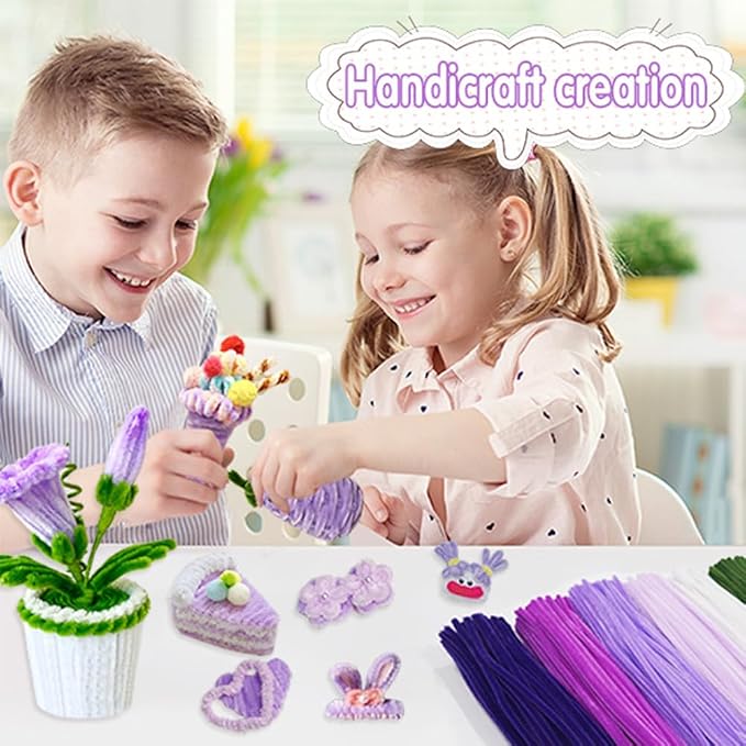 AHAMETON 620Pcs Purple Pipe Cleaner Flower Kit, 6 Colors Bulk Pipe Cleaners Craft Supplies with Wires, Stamens, Ribbon, Tapes, Card, DIY Flower Making for Gifts Home Decoration, Party & School Crafts