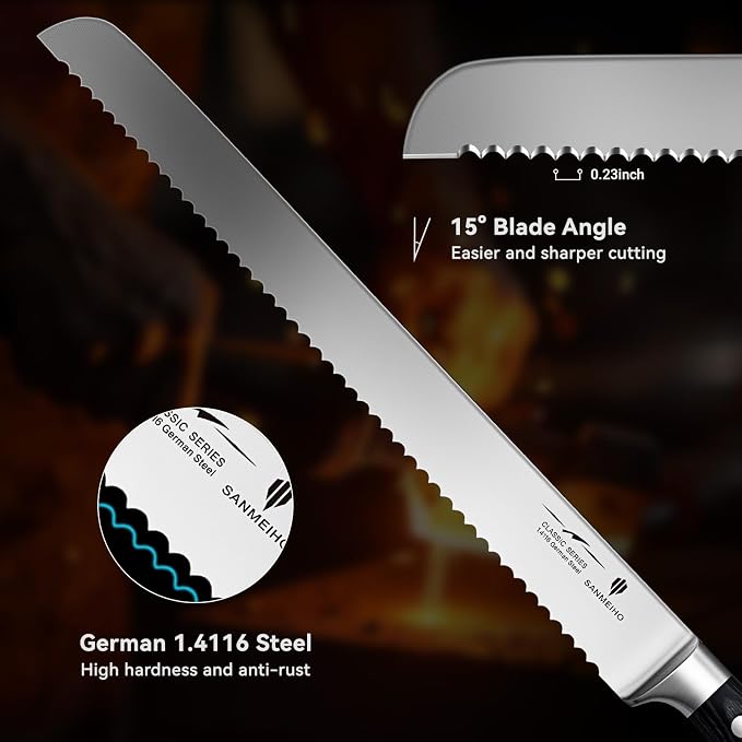12" Bread Knife - Sourdough Slicing Knife Professional German 5Cr15MoV Stainless Steel Serrated Blade, Ergonomic Wood Handle & Full Tang Design, Gift Box Included (Single-Edge