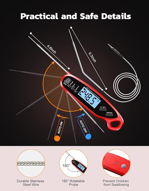Instant Read Meat Thermometer Digital with Dual Probe, Food Thermometer for Cooking & Grilling, Large Backlit & Calibration, for Kitchen/Oven/Grill/Smoker/BBQ/Candy/Oil Fry, Gifts for Men & Dad