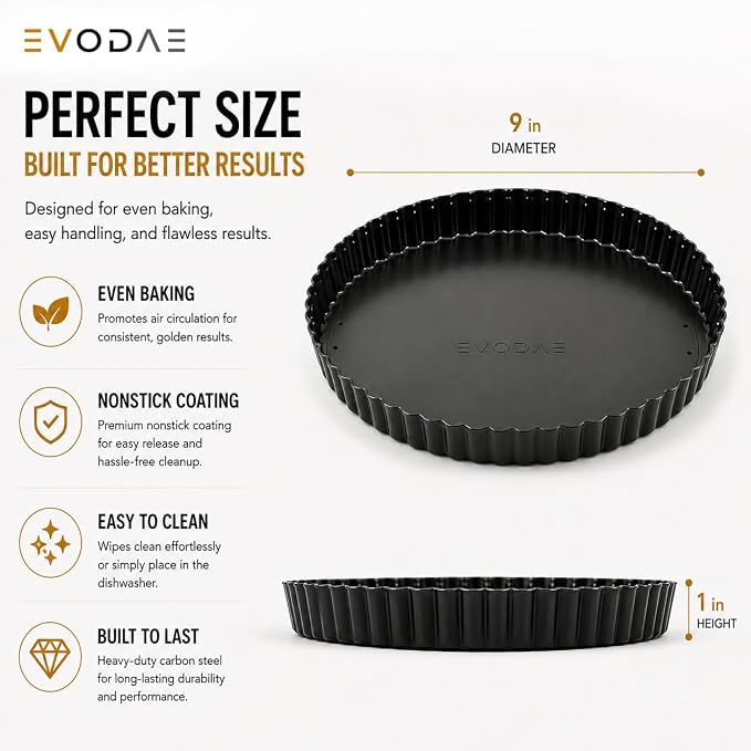 9 Inch Tart Pan with Removable Bottom, Premium Nonstick Tart Pan for Baking, Fluted Quiche Pan, Fruit Tart Pan, Heavy Duty Carbon Steel, Dishwasher Safe, PFAS Free Bakeware