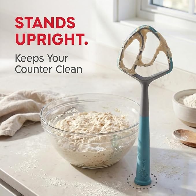 KneadAce Dough Wand, Danish Dough Whisk for Sourdough Baking, Dough Mixer with Silicone Scraping Edges, Self Standing Bowl Mixing Tool (Gray/Turquoise)