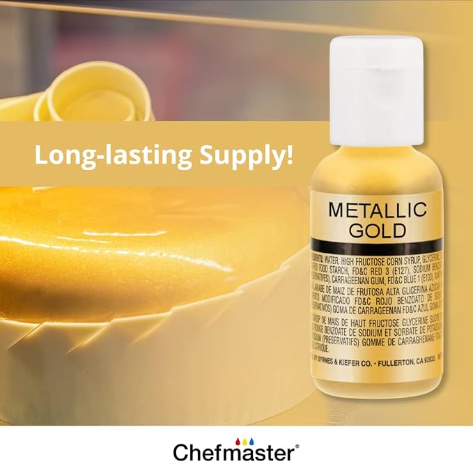 Chefmaster 6-Bottle Set of Metallic Airbrush Food Coloring, Rich Colors, Edible Glitter, Professional-Grade Dye for Icing, Frosting, Fondant, Chocolate, Made in USA, 0.67 oz Each