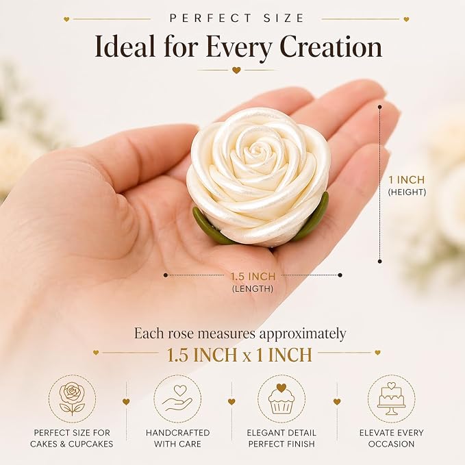 Confect Metallic Edible Lumniscent Pearl Roses | Christmas Cupcake Toppers | Edible Flower For Cake Decorating | Edible Metallic Sugar - Soy-Free, Dairy-Free, Palm Oil-Free -Pack of 12