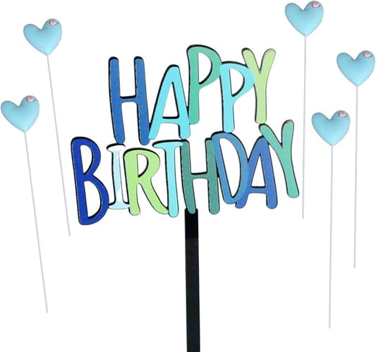 ZHENGYE Set of 1 Acrylic Happy Birthday Cake Topper Sign And 5 Blue Love Cake Toppers Baby Shower Birthday Party Cake Decorations(Blue 33)