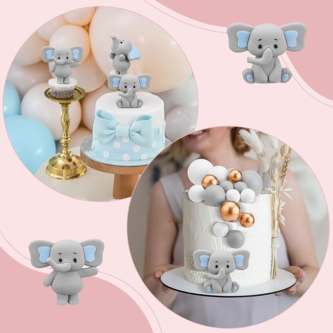 Yinder Bear Cake Toppers Mini Bear Cake Decorations Cake Toppers Gold White Pearl Ball for Birthday Party Decorations(Gray,Elephant Style)