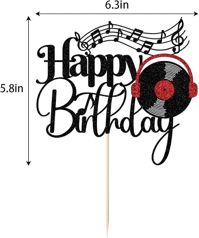Black Glitter Record Happy Birthday Cake Topper，Music Lover Theme Birthday Party Supplies，Vinyl Retro Rock/CD Hip Hop Dancing Ball Party Decoration Supplies (music)